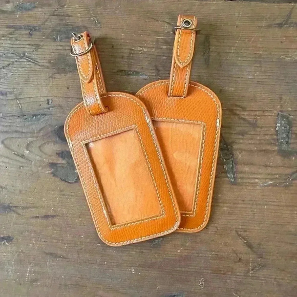 Lillian Vernon Set of 2 Orange Real Leather Luggage Tags NWOT - Picture 1 of 4